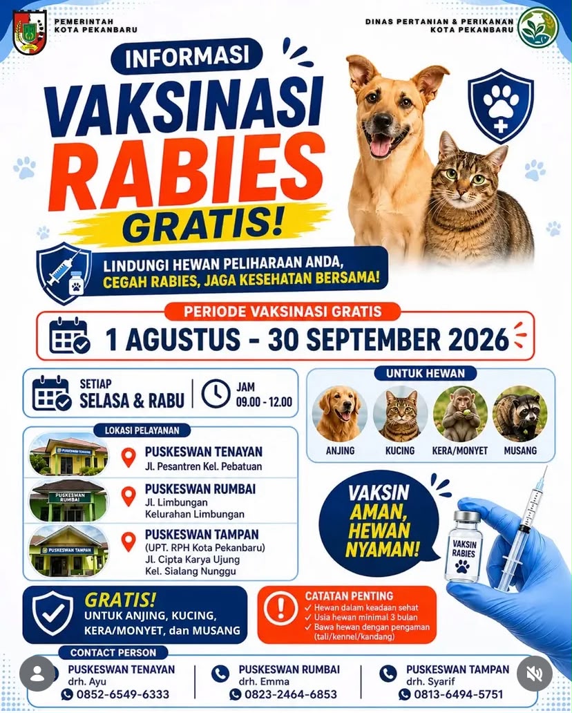 Distankan Pekanbaru Buka Layanan Vaksinasi Rabies Gratis Mulai Agustus 2026