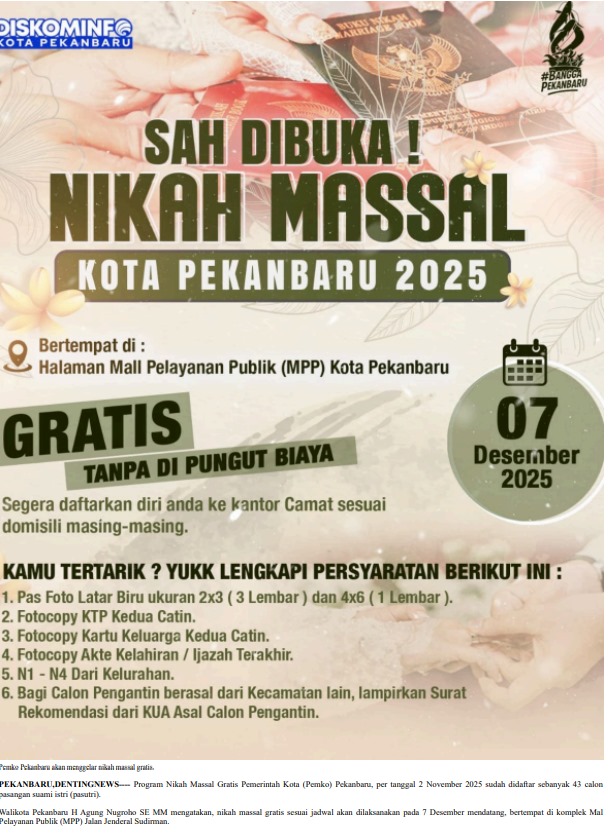 Kuota Nikah Massal Pekanbaru Belum Penuh, Tersisa 40 Pasangan Lagi