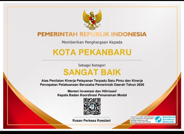 Pemko Pekanbaru Raih Predikat Sangat Baik dalam Penilaian Kinerja Pelayanan Perizinan