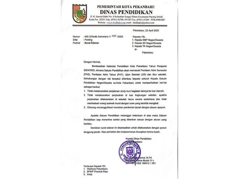 Disdik Pekanbaru Terbitkan Edaran Terkait Perpisahan Sekolah