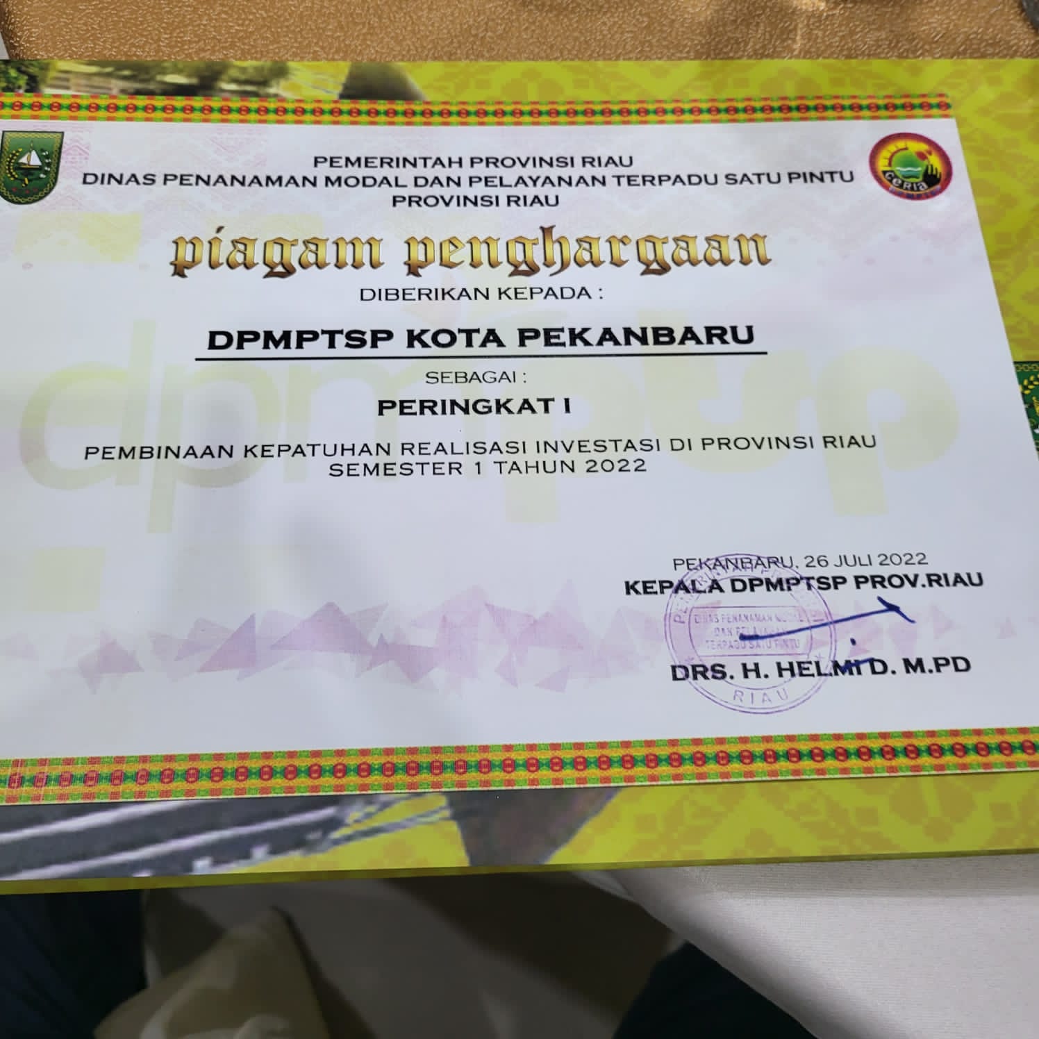 DPM-PTSP Pekanbaru Peringkat Satu Kepatuhan LKPM di Riau